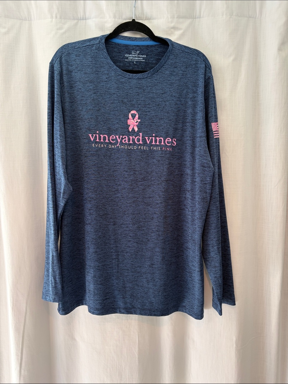 Vineyard Vines Heather Navy Long-Sleeve Performance Tee with Pink Logo